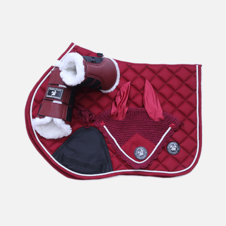 EG Burgundy Show Jumping Numnah Matching With Boots and Fly Mask